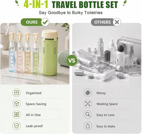4 in 1 Travel Dispenser Bottle with Cleaning Brush,4 Pack 30ml Leak Proof Refillable Travel Size Toiletries Containers for Shampoo Conditioner,Portable Travel Bottles Set for Vacation Camping & Gym