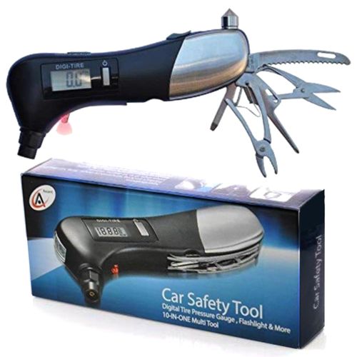 Digital Tire Pressure Gauge 10-in-1 Car Multi-Tool  - LED Flashlight, Red Light, Air Pressure Gauge, Car Window Breaker, Scissors, 2 Screwdrivers, Pliers, and Seatbelt Cutter