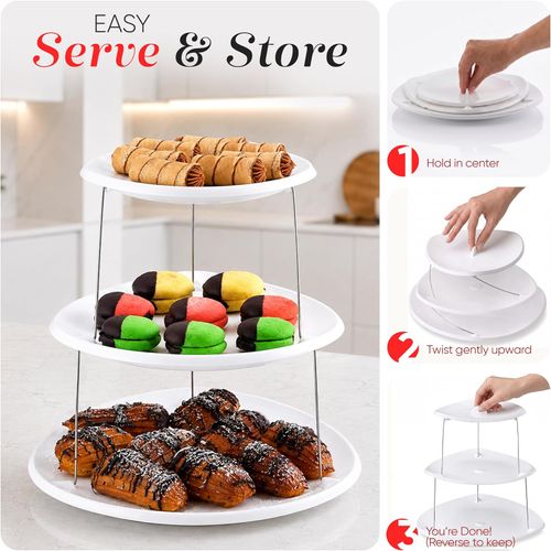 Collapsible Party Tray 3 Tier Party Tray Decorative Design Folds, Minimal Storage an Elegant Serving Tray, Dessert Stand Plastic Stainless Steel for Sandwiches Cake Sliced Cheese and Fruits
