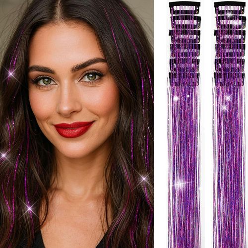 12-Piece Clip-in Hair Extensions with Laser Gold Tinsel and Metallic Shimmer