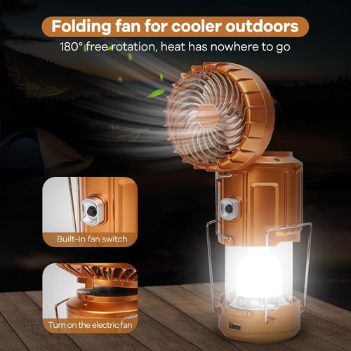 Solar-charging camping lantern with fan—portable, retractable, and suitable for hanging or carrying.