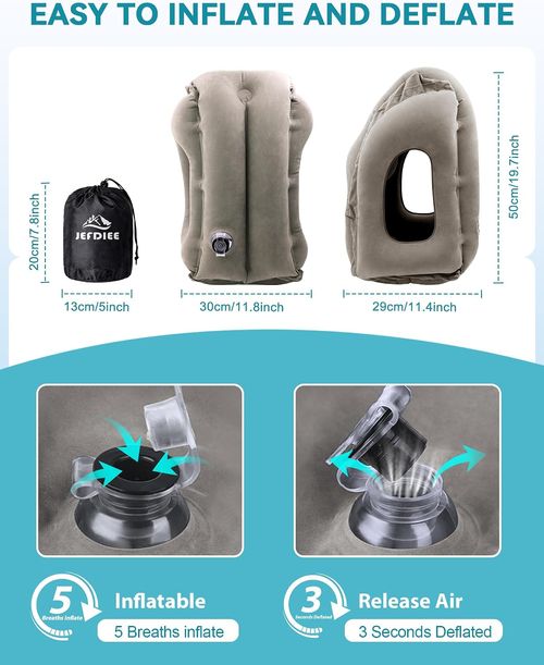 Inflatable Travel Pillow, Airplane Neck Pillow Comfortably Supports Head and Chin for Airplanes, Trains, Cars Office Napping on The Tray Table (Grey)