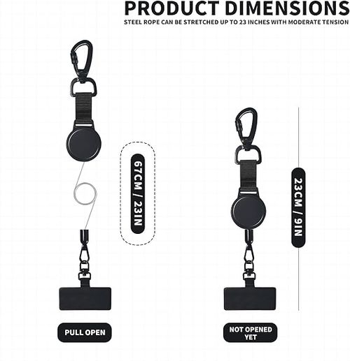High-strength, multi-purpose retractable tether with auto-recoil and locking carabiner—anti-loss accessory for mobile phones.