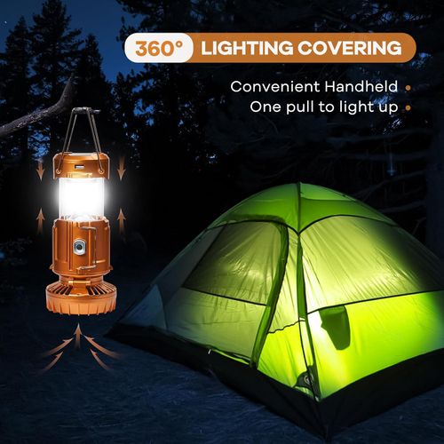 Solar-charging camping lantern with fan—portable, retractable, and suitable for hanging or carrying.