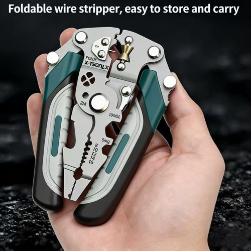 Multifunctional electrician's tool: foldable wire stripper, cutter, and crimper.