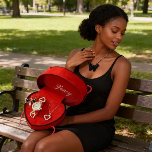 Heart Shaped Butterfly & Crystal Watch Jewelry Set