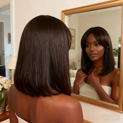 Classic Black Medium-Length Bob Wig with Bangs