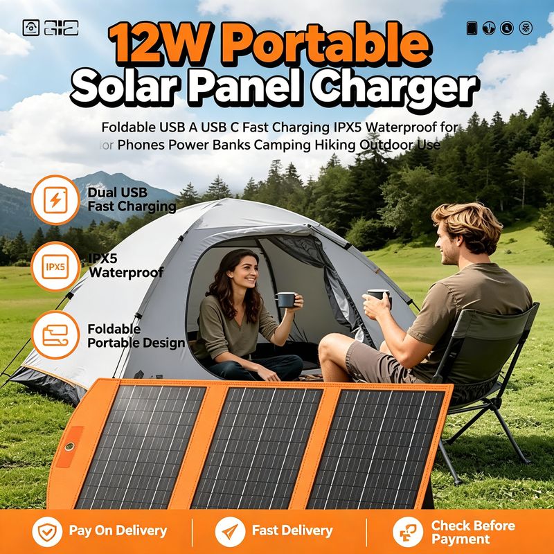☀️Top Seller|12W Portable Foldable Solar Panel Charger|USB A USB C Fast Charging IPX5 Waterproof Compatible with Phones Power Banks for Camping Hiking Outdoor Use|COD Free Shipping