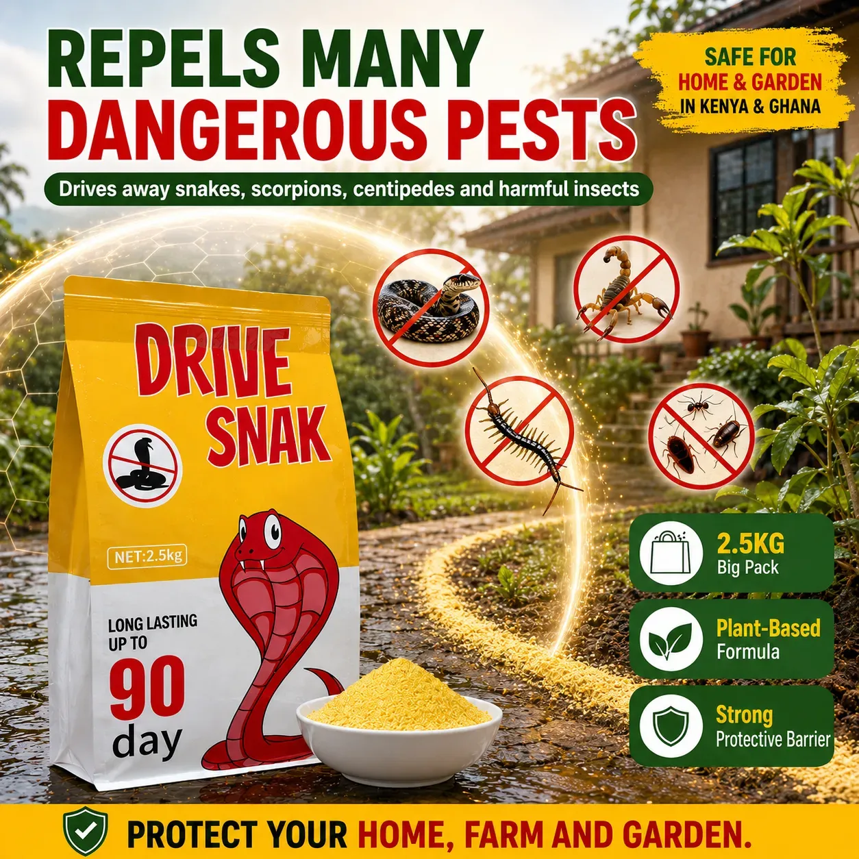 5-pound bagged sulfur-based snake repellent powder, waterproof and long-lasting effect. Specially designed for outdoor use to keep snakes away, safe and easy to apply, free shipping and cash on delivery.