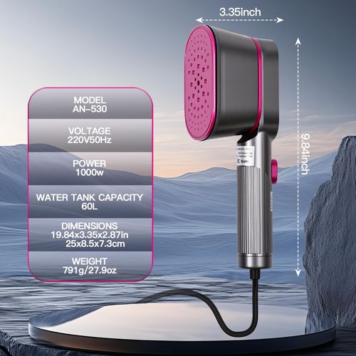 2-in-1 handheld travel garment steamer and iron in rose color, heats up within 15 seconds with large ceramic heat panel, lightweight portable design perfect for travel use, free shipping and cash on delivery.