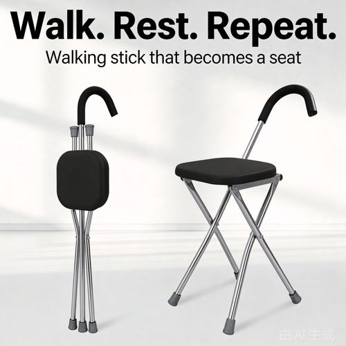 Portable Folding Walking Stick with Seat, 3-Leg Stainless Steel Walking Cane Stool for Seniors, Elderly Walking Aid with Built-in Rest Seat for Outdoor Walking, Travel, Queuing and Daily Support