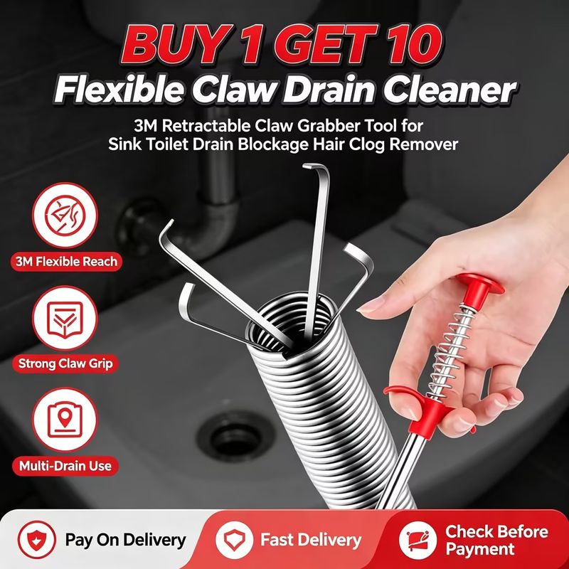 🎁Buy 1 Get 10 Offer|3M Flexible Claw Plumbing Grabber Pickup Tool|Retractable Claw Drain Hair & Clog Remover for Sink Toilet Drain Blockage Cleaning|COD Free Shipping