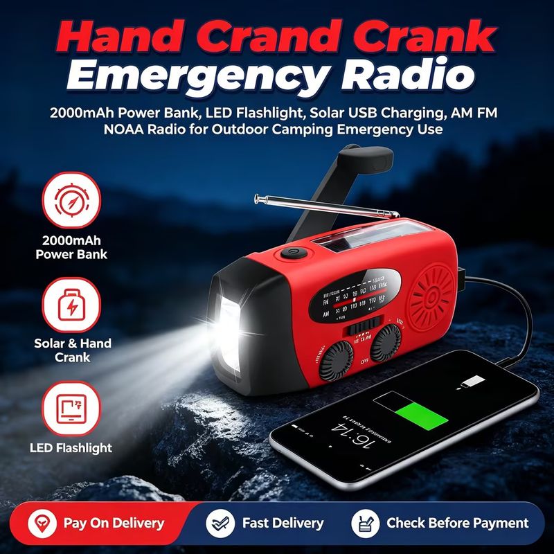 📌Essential Survival Gear|Multifunctional Hand Crank Emergency Weather Radio|Built in 2000mAh Power Bank LED Flashlight Solar USB Charging AM FM NOAA Radio for Outdoor Camping Emergency Use|COD Free Shipping