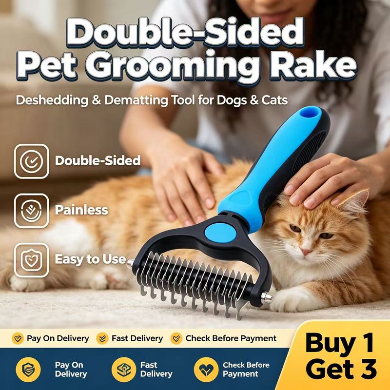 🐶 Buy 1 Get 3 Free | Double-Sided Pet Grooming Rake, Deshedding & Dematting Tool, Painless Brush for Dog Cat Long-Haired Pets | COD Free Shipping