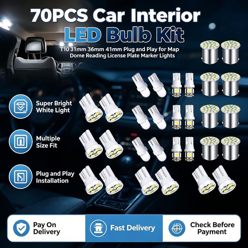 🚗Most Purchased|70PCS White Car Interior LED Bulb Kit|T10 31mm 36mm 41mm Plug and Play for Map Dome Reading License Plate Marker Lights|COD Free Shipping