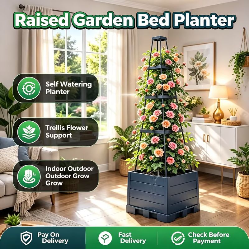 💰Great Value | Self Watering Raised Garden Bed Planter Box With Trellis Tomato Cage For Climbing Vegetables Vines Flowers Outdoor Patio Balcony Planting Container | COD Free Shipping