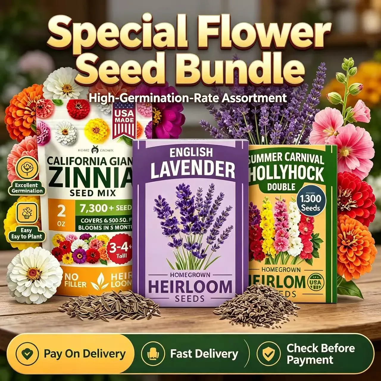 🎁Special Bundle Deal|High-Germination-Rate Mixed Flower Seed Assortment|1000 Hollyhock + 7300 Cosmos + 1300 Lavender Seeds, Excellent Germination Rate for Garden Planting|COD Free Shipping