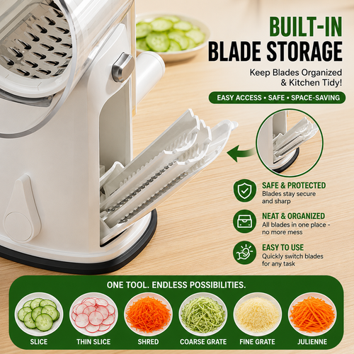 5 Blade Manual Rotary Vegetable Cutter with Suction Base Fast Vegetable Slicer and Grater for Kitchen