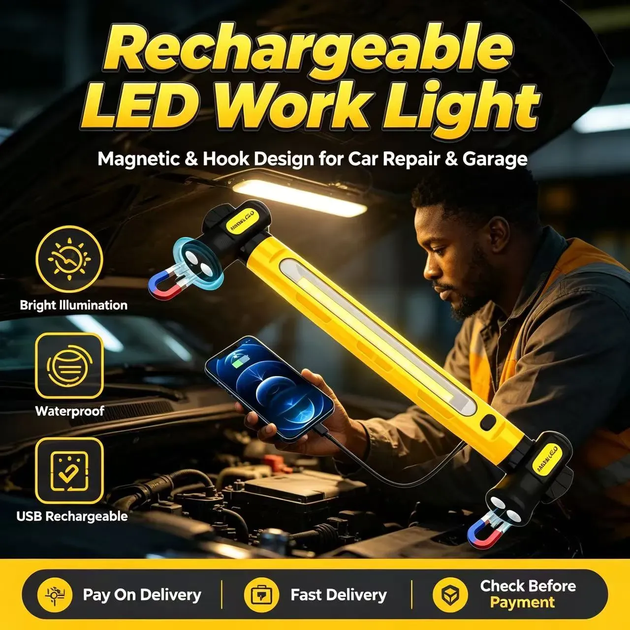 🔦 Hot Sale | Yellow Rechargeable Under Hood LED Work Light Bar, Magnetic & Hook Design Portable Mechanic Lamp for Car Repair Garage Workshop Camping | COD Free Shipping