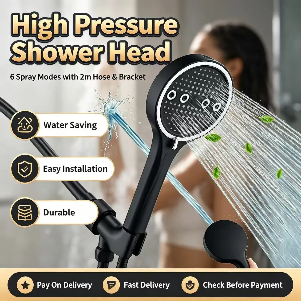 🚿 Hot Sale | Black High Pressure Handheld Shower Head 6 Spray Modes, Chrome Plated Finish, with 2m Explosion-Proof PVC Hose & Drill-Free Bracket | COD Free Shipping