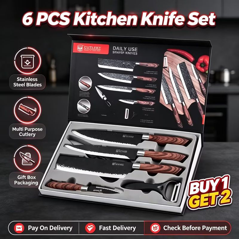 💰Great Value | Buy One Get Two 6 PCS Stainless Steel Forged Kitchen Knife Set Includes Chef Slicing Paring Knives Scissors Ceramic Peeler Storage Gift Box Household Cutting Tool Kit | COD Free Shipping