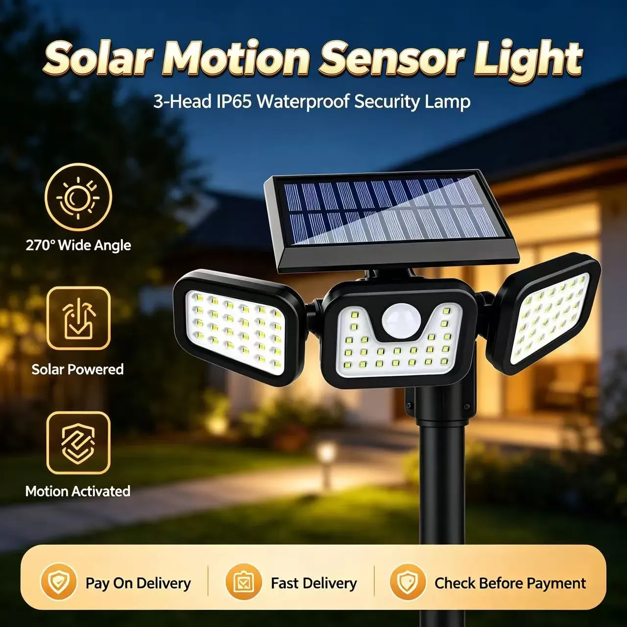 ☀️ Hot Sale | Solar Outdoor Flood Light with Motion Sensor, 3 Adjustable Heads, IP65 Waterproof, 270° Wide Angle Security Lamp for Porch & Yard | COD Free Shipping