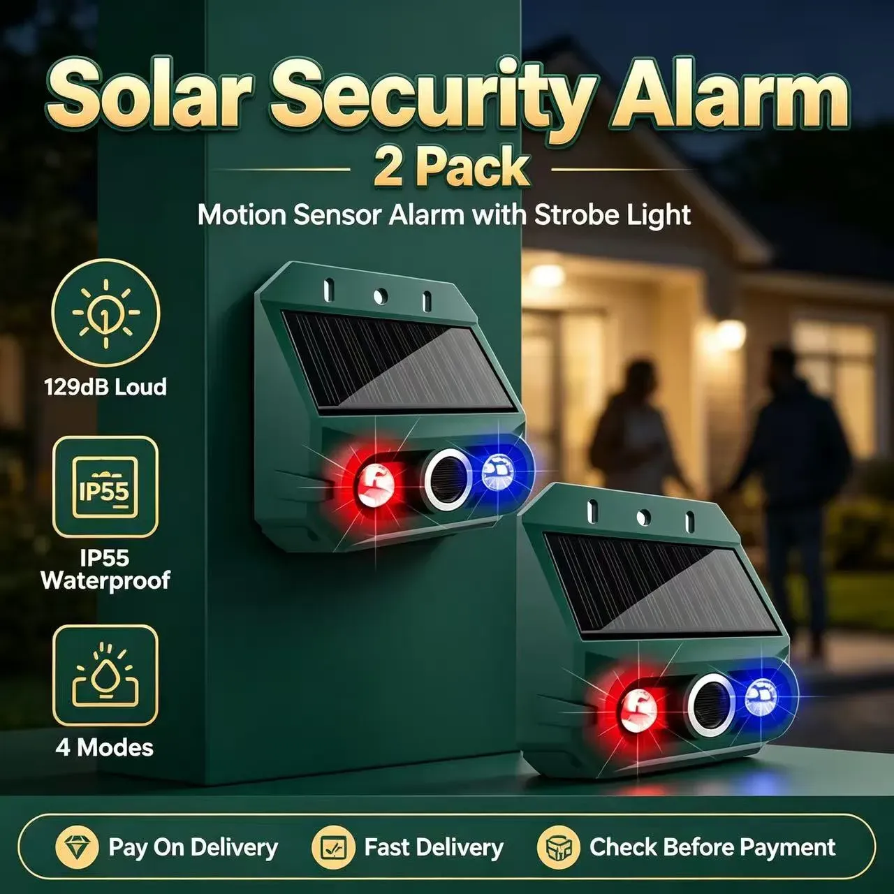 🛡️Effective Solution|2 Pack Solar Motion Sensor Security Alarm|129dB Loud Siren, 4 Working Modes, IP55 Waterproof with Strobe Light for Yard Farm Garden Outdoor Anti-Theft Protection|COD Free Shipping