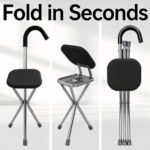 Portable Folding Walking Stick with Seat, 3-Leg Stainless Steel Walking Cane Stool for Seniors, Elderly Walking Aid with Built-in Rest Seat for Outdoor Walking, Travel, Queuing and Daily Support