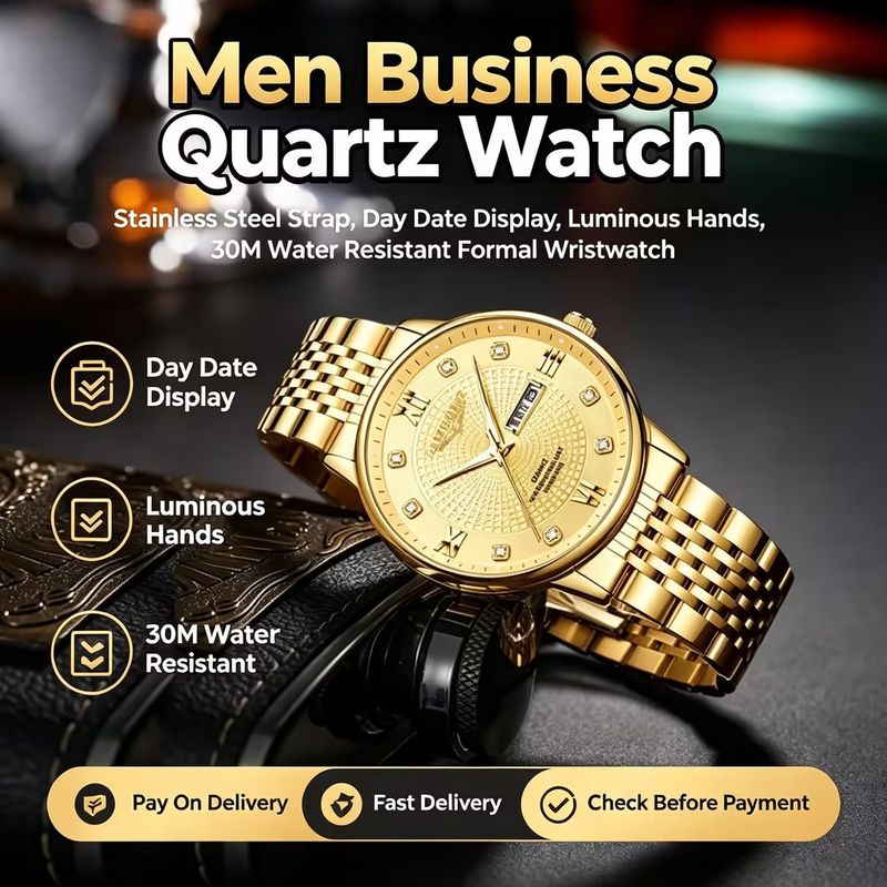 🎊Exclusive Offer|Men Roman Numeral Business Dress Quartz Watch|Stainless Steel Strap, Day Date Display, Luminous Hands, 30M Water Resistant Formal Wristwatch|COD Free Shipping