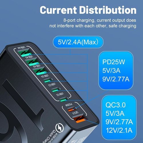 8 Port Fast USB Charger Kenya Multi Device Charging Station with PD25W and QC3 Fast Charging