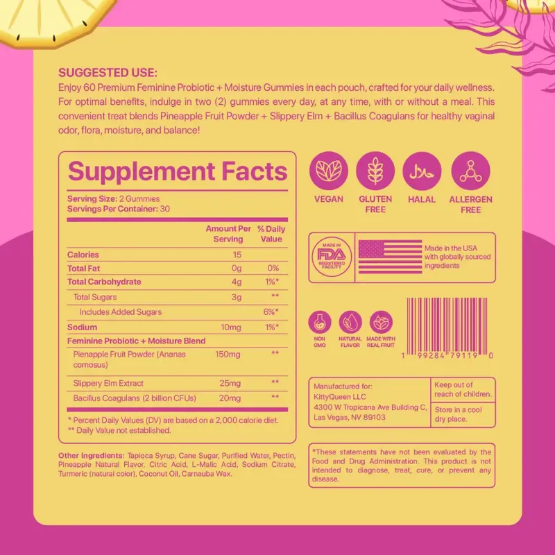 Slippery Kitty Feminine Probiotic + Moisture Gummies - All in One Solution with Slippery Elm 60 Count Pineapple Flavor