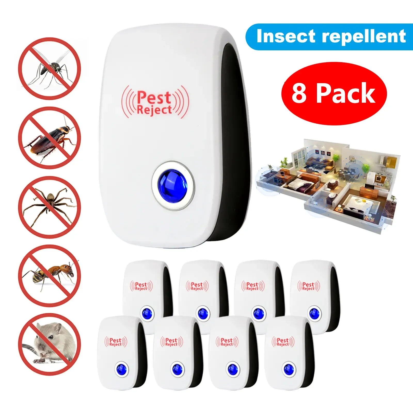 Ultrasonic Pest Repeller for Mice Rats Spiders Roaches & Insects Indoor Home Restaurant Garage Use Effective Pest Control Device
