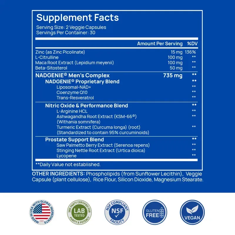 Selerb NAD+ Supplement for Men with NMN - Liposomal Complex with Trans-Resveratrol, CoQ10, Maca & Ashwagandha - Supports Cellular Renewal, Energy & Performance - 60 Capsules Dietary Healthcare Vitamins