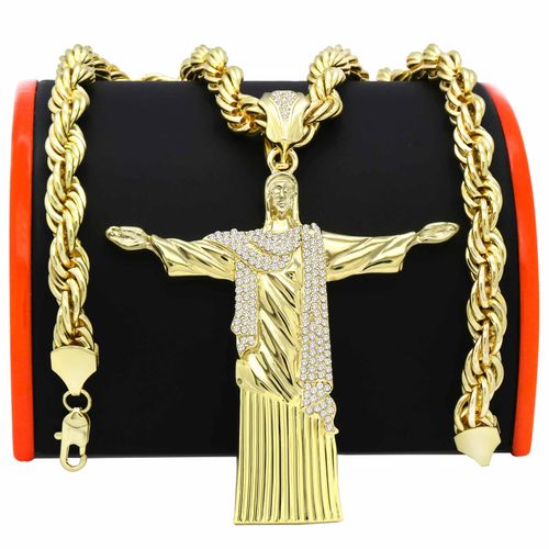 14K Gold PT Iced Out Resurrection Pendant with 30 Inch Rope Chain