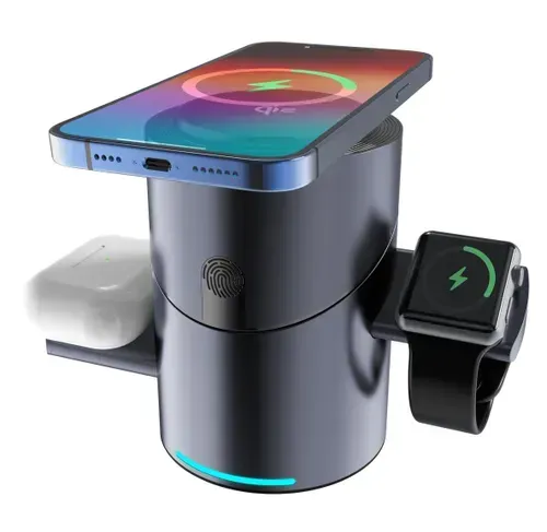 magnetic three - in - one wireless charger, a fast - charging stand for mobile phones. It can rotate and serves as a desktop charging station