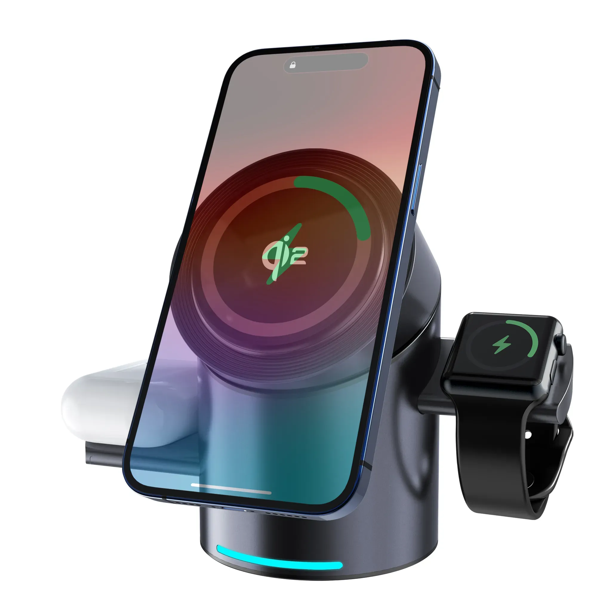 magnetic three - in - one wireless charger, a fast - charging stand for mobile phones. It can rotate and serves as a desktop charging station
