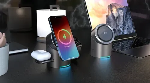 magnetic three - in - one wireless charger, a fast - charging stand for mobile phones. It can rotate and serves as a desktop charging station