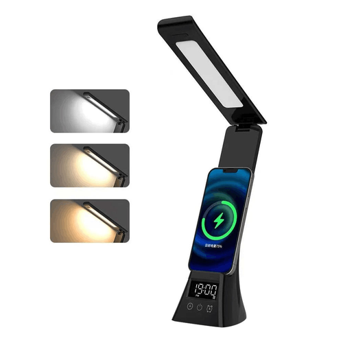 3 in 1 Foldable Table Lamps Universal Eye Protection with Digital Clock Wireless Charger for Phone Use & Charging