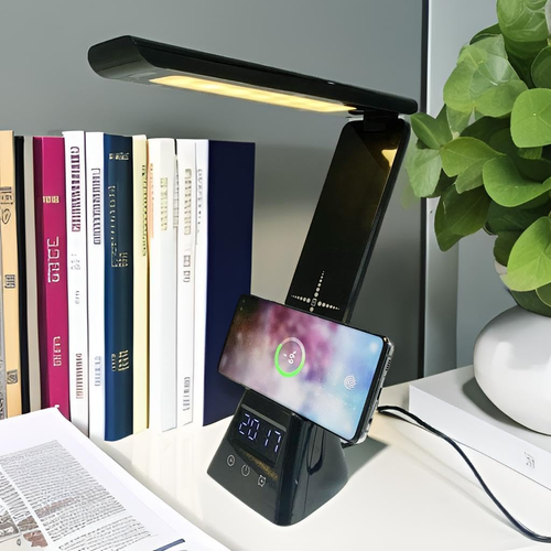 3 in 1 Foldable Table Lamps Universal Eye Protection with Digital Clock Wireless Charger for Phone Use & Charging