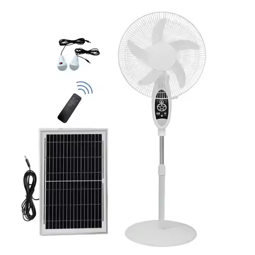 Ventilador solar de conceção recente com painéis fotovoltaicos que geram eletricidade para ventiladores, luzes LED, telemóveis recarregáveis e iluminação.