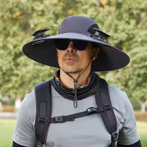 Men's Large-Brim Sun Hat for Outdoor Camping Hiking Quick-Drying Fisherman Hat Solar Charging Plus Size Cool Promotional Cap