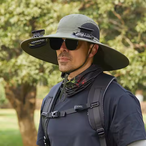 Men's Large-Brim Sun Hat for Outdoor Camping Hiking Quick-Drying Fisherman Hat Solar Charging Plus Size Cool Promotional Cap
