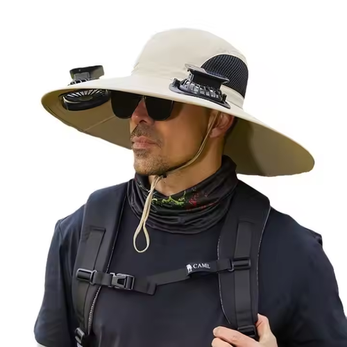 Men's Large-Brim Sun Hat for Outdoor Camping Hiking Quick-Drying Fisherman Hat Solar Charging Plus Size Cool Promotional Cap