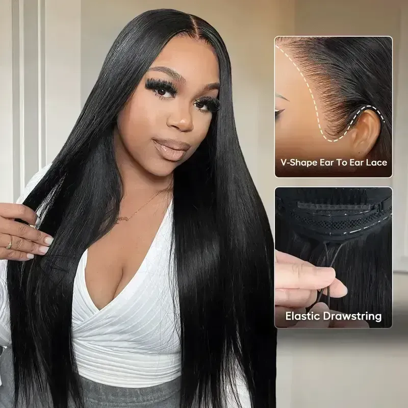 3 Step Easy Install Long Straight Black HD Lace Wig Invisible Drawstring Lace Tape Beginner Friendly Full Head Wig