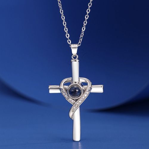 Creative Heart-shaped Projection Cross Necklace with Bible Passage Elements, Made of Pure Copper with Electroplating Craft, Light Luxury Style, Fashionable and Versatile, Colors Shipped Randomly