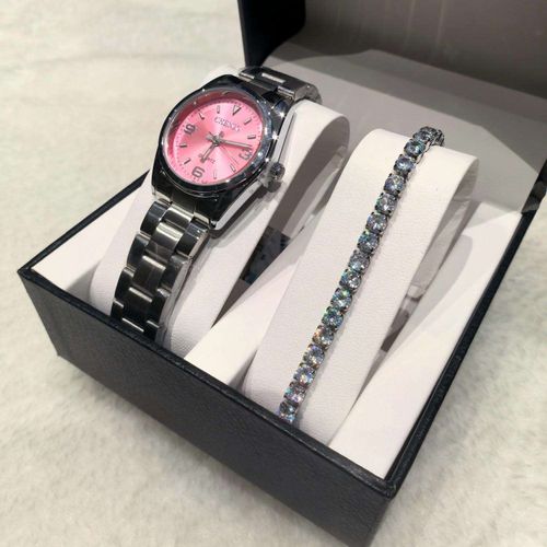 CHENXI 003A Leisure Style Two-piece Gift Set Women Luxury Quartz Silver Pink Watches Luminous Waterproof Watch & Bracelet + Box