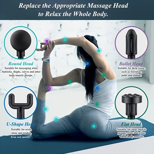 Electric Massage Machine with Replacement Heads, Black, 1 Set, Portable Handheld Muscle Massage Gun, GLOBAL PICKS
