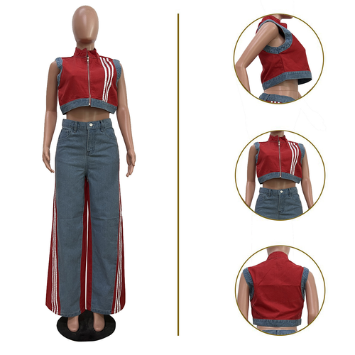 Casual Patchwork Denim 2 Pieces Pants Set Trendy Zipper Striped Tank Top and Wide Leg Jeans Pants Two Piece Set