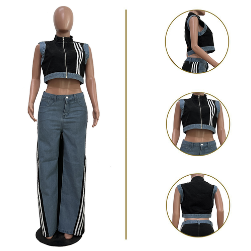 Casual Patchwork Denim 2 Pieces Pants Set Trendy Zipper Striped Tank Top and Wide Leg Jeans Pants Two Piece Set