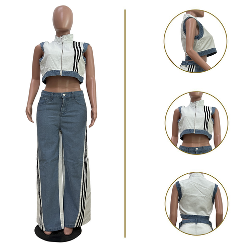 Casual Patchwork Denim 2 Pieces Pants Set Trendy Zipper Striped Tank Top and Wide Leg Jeans Pants Two Piece Set